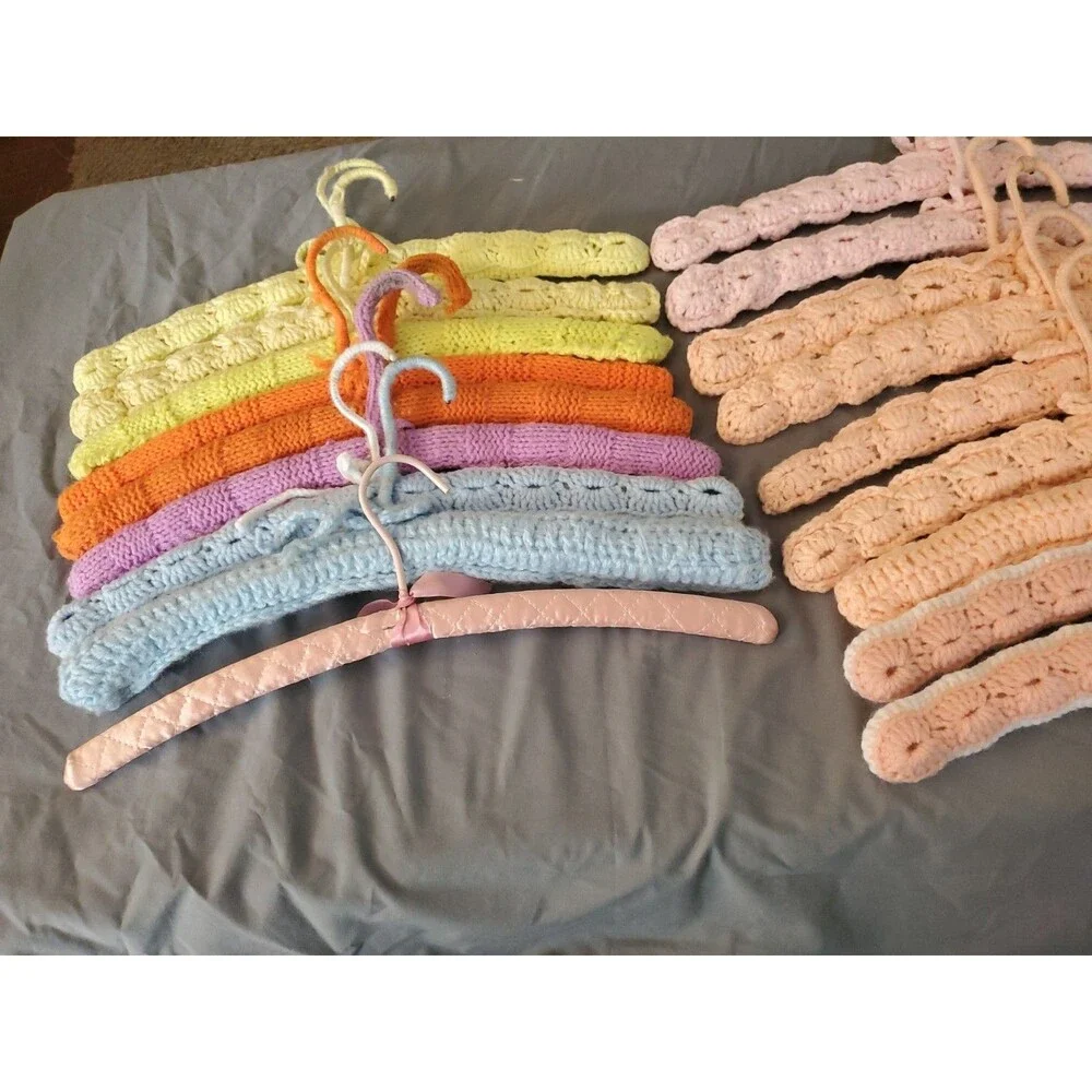 Lot Of 18 Vintage Hand Crocheted Wooden Hangers Yarn Covered 70’s Boho